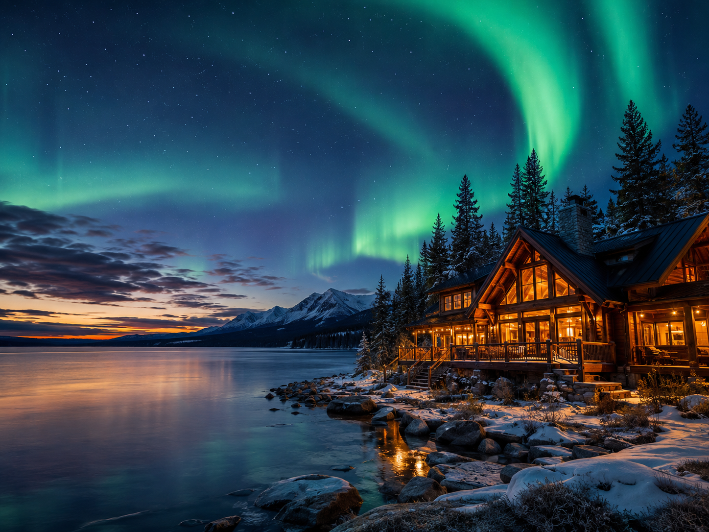 Cozy winter cabin under the northern lights in Canada