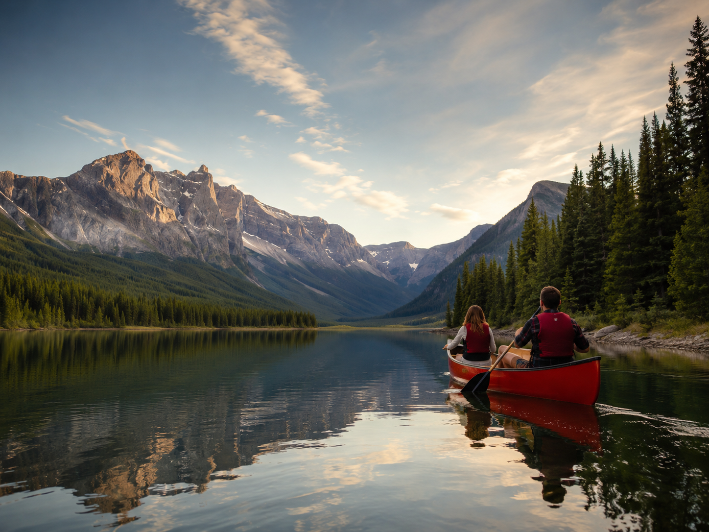 Canoe trip through a peaceful Canadian mountain lake