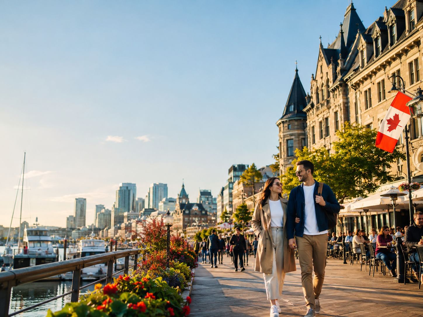 Canadian city waterfront with visitors walking near a flag