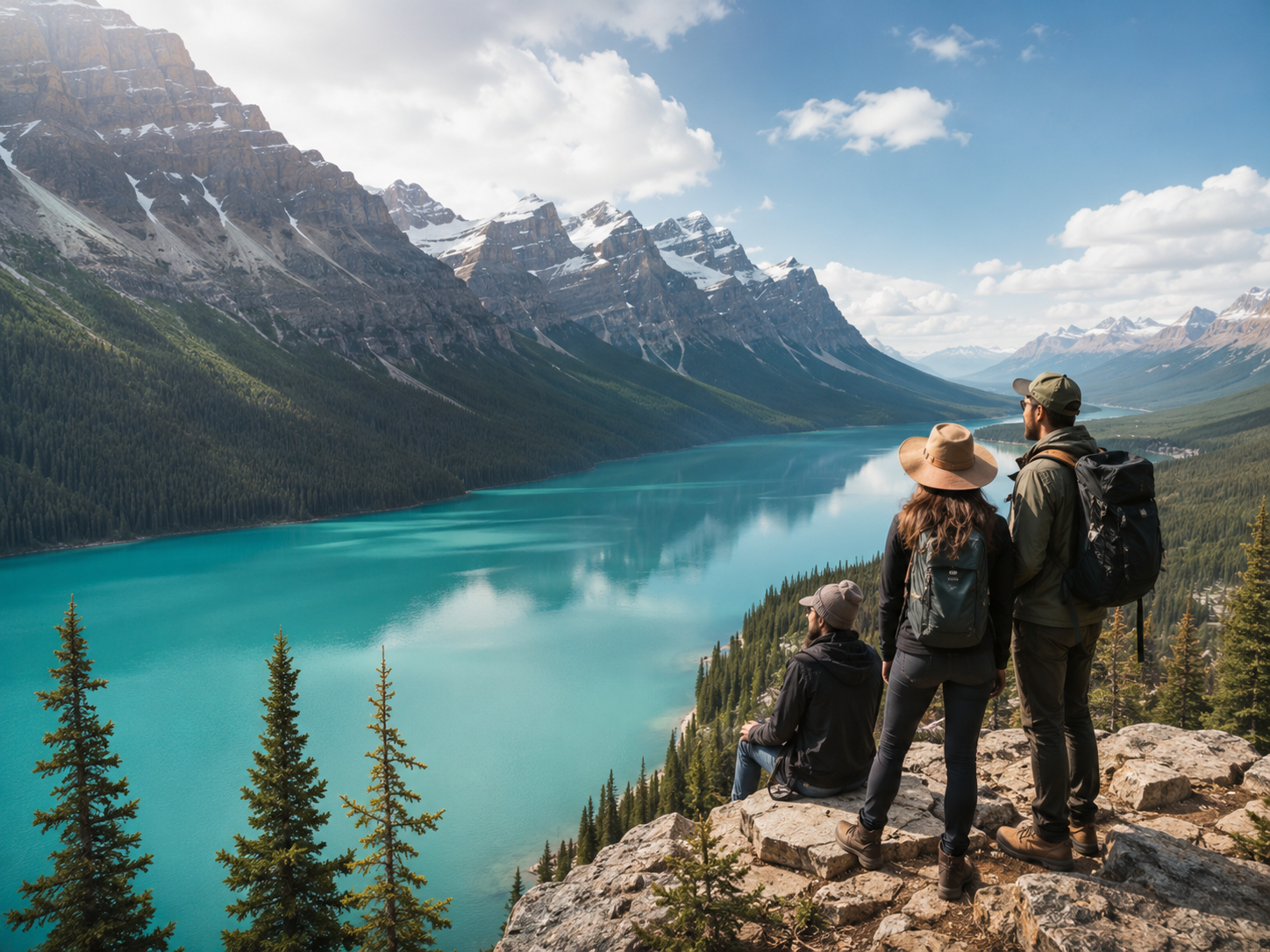 Hikers overlooking turquoise mountain lake in Canada
